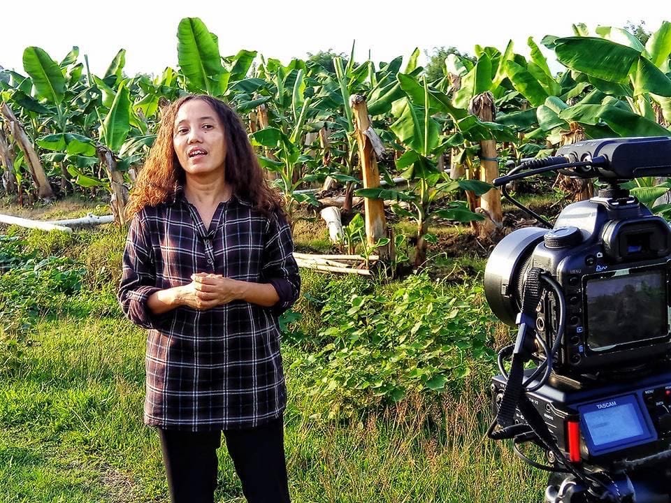 Shin Daewe standing with checkered shirt in front of plants