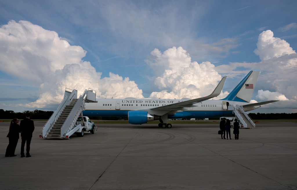 Air Force One sits on the tarmac at Tuscaloosa National Airport on May 01, 2025.