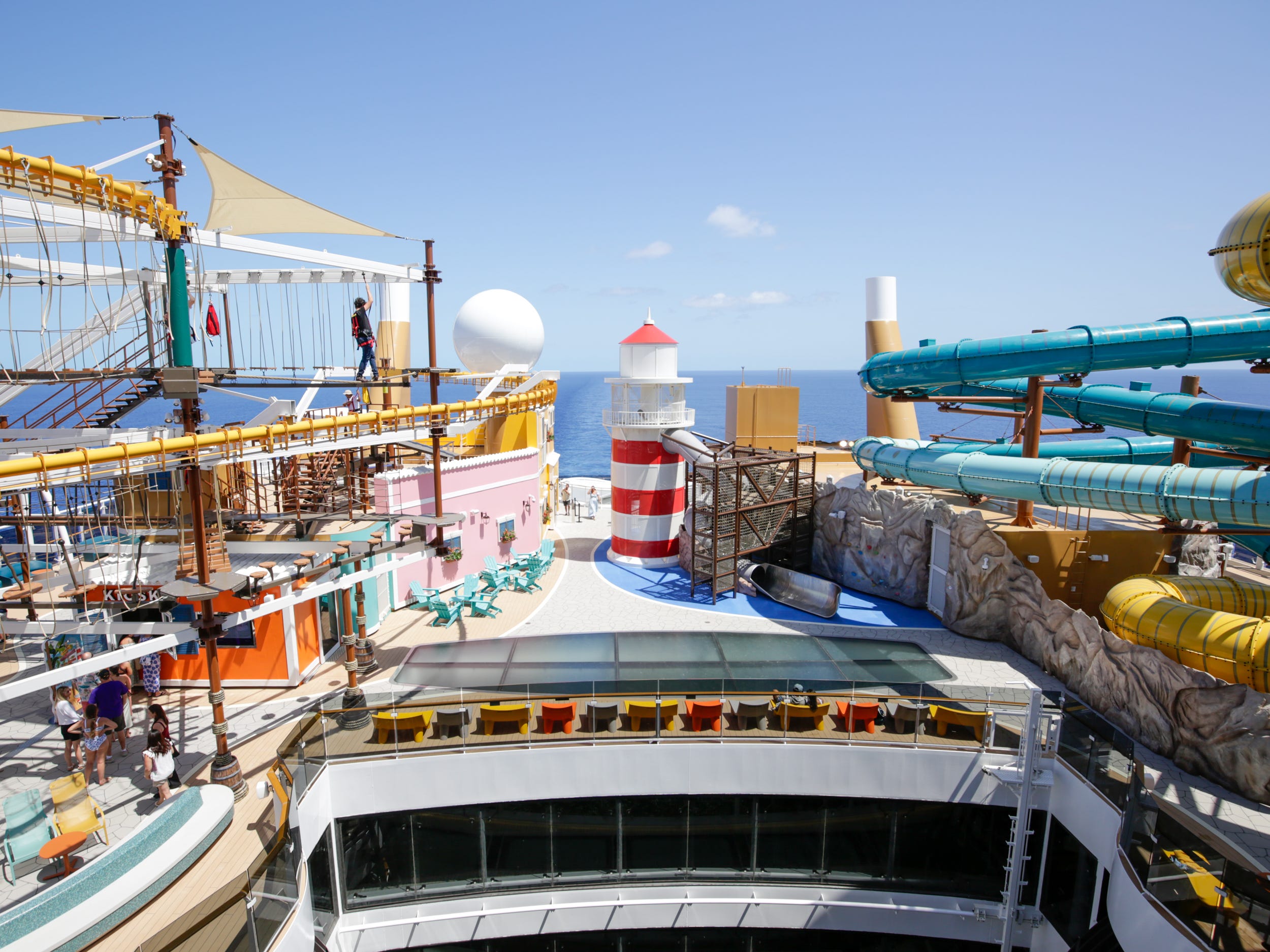 rows of outdoor activities like a ropes course, waterslides at the Harbour on MSC World America