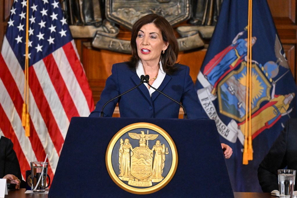 New York Gov. Kathy Hochul talks with reporters after legislative leaders agreed on a state budget during a news event in the Red Room at the state Capitol Monday, April 28, 2025, in Albany, N.Y.