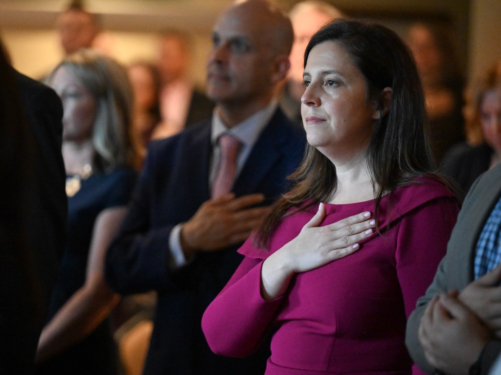 New York U.S. Representative Elise Stefanik stands for the National Anthem during the Saratoga GOP Awards Ceremony at the Fairways of Halfmoon golf course Thursday, May 1, 2025, in Mechanicville, N.Y.