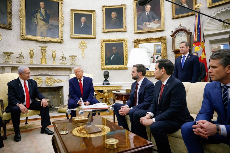 U.S. President Donald Trump meets with Israeli Prime Minister Benjamin Netanyahu (L) in the Oval Office of the White House on April 7, 2025 in Washington, DC. President Trump is meeting with Netanyahu to discuss ongoing efforts to release Israeli hostages from Gaza and newly imposed U.S. tariffs. Also pictured are (L-R) U.S. Vice President J.D. Vance, Secretary of State Marco Rubio, U.S. National Security Adviser Michael Waltz, and Defense Secretary Pete Hegseth.