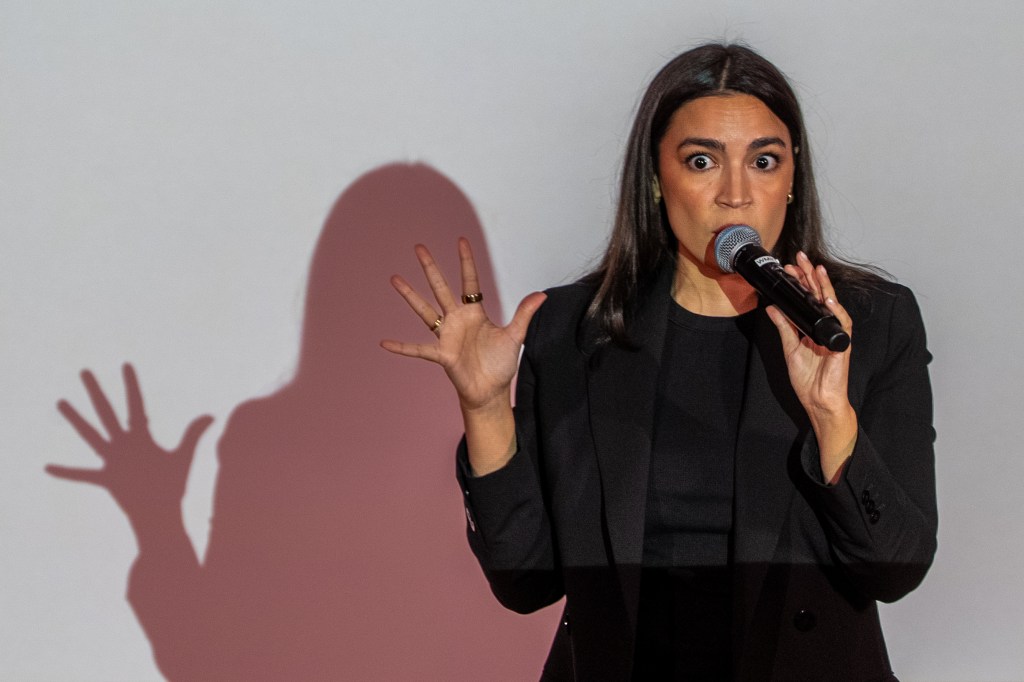 Rep. Alexandria Ocasio-Cortez (D-NY) speaks at a town hall gathering on May 2, 2025 in New York City