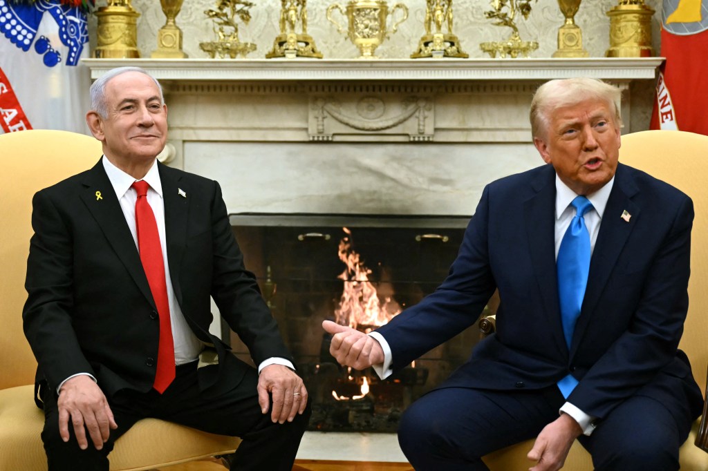President Donald Trump (R) meets with Israel's Prime Minister Benjamin Netanyahu in the Oval Office of the White House in Washington, DC, on February 4, 2025.