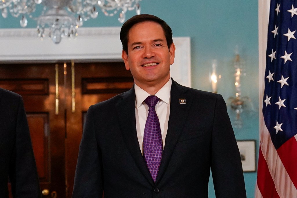 Secretary of State Marco Rubio smiles during a meet with French Foreign Minister Jean-Noel Barrot at the State Department in Washington, D.C., U.S., May 1, 2025.
