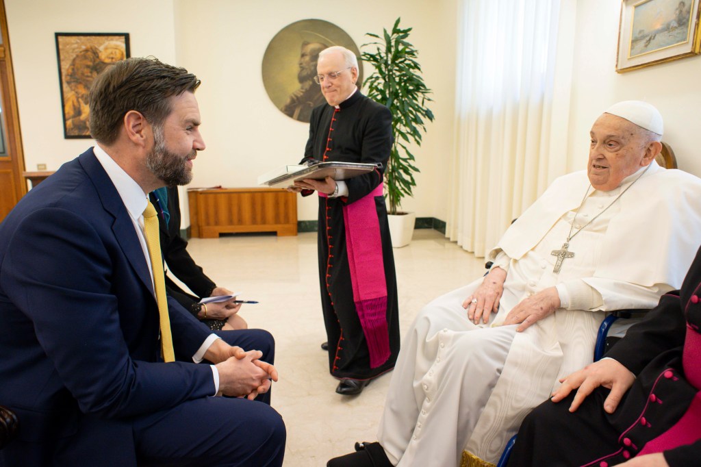 Pope Francis meets with Vice President JD Vance and delegation during an audience at Casa Santa Marta on April 20, 2025 in Vatican City, Vatican.