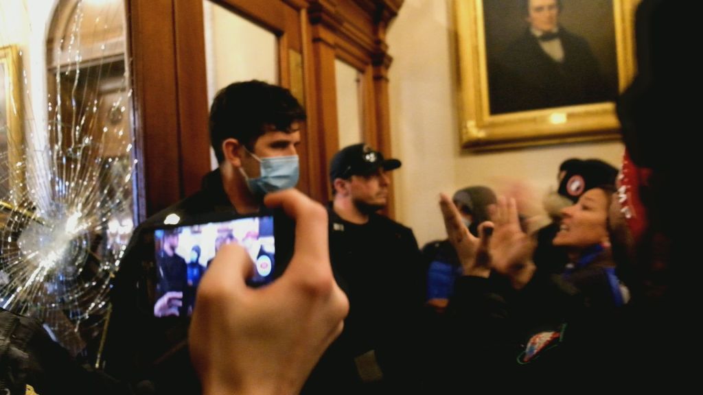 The barricaded door of the Speaker's Lobby where Babbitt attempted to force entry.