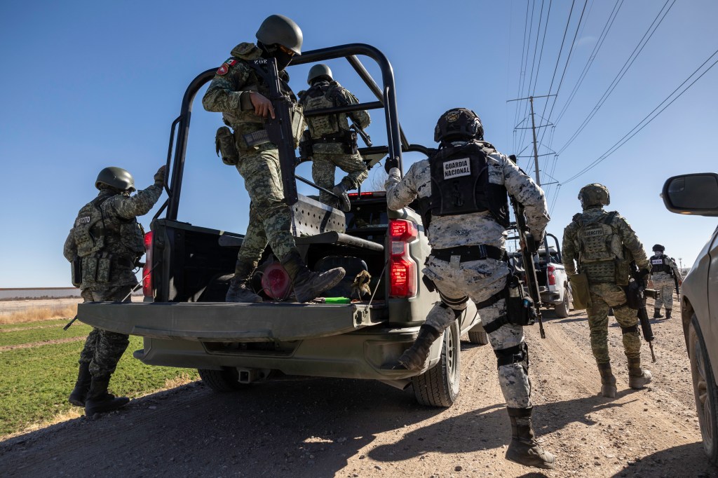Mexican troops patrol the U.S.-Mexico border on February 06, 2025 near Ciudad Juarez, Mexico.