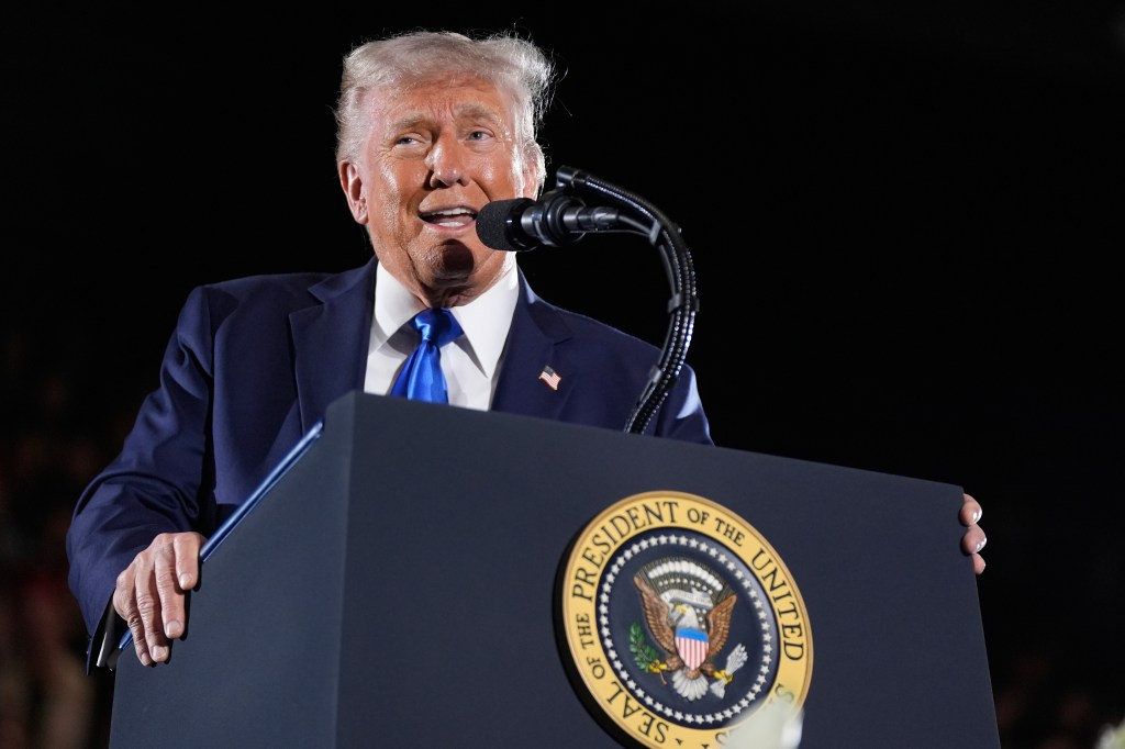 President Donald Trump gives a commencement address at the University of Alabama, Thursday, May 1, 2025, in Tuscaloosa, Ala.
