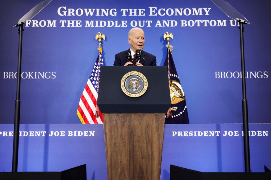 Former President Biden spoke at the Brookings Institution in Washington, DC on Dec. 10, 2024.