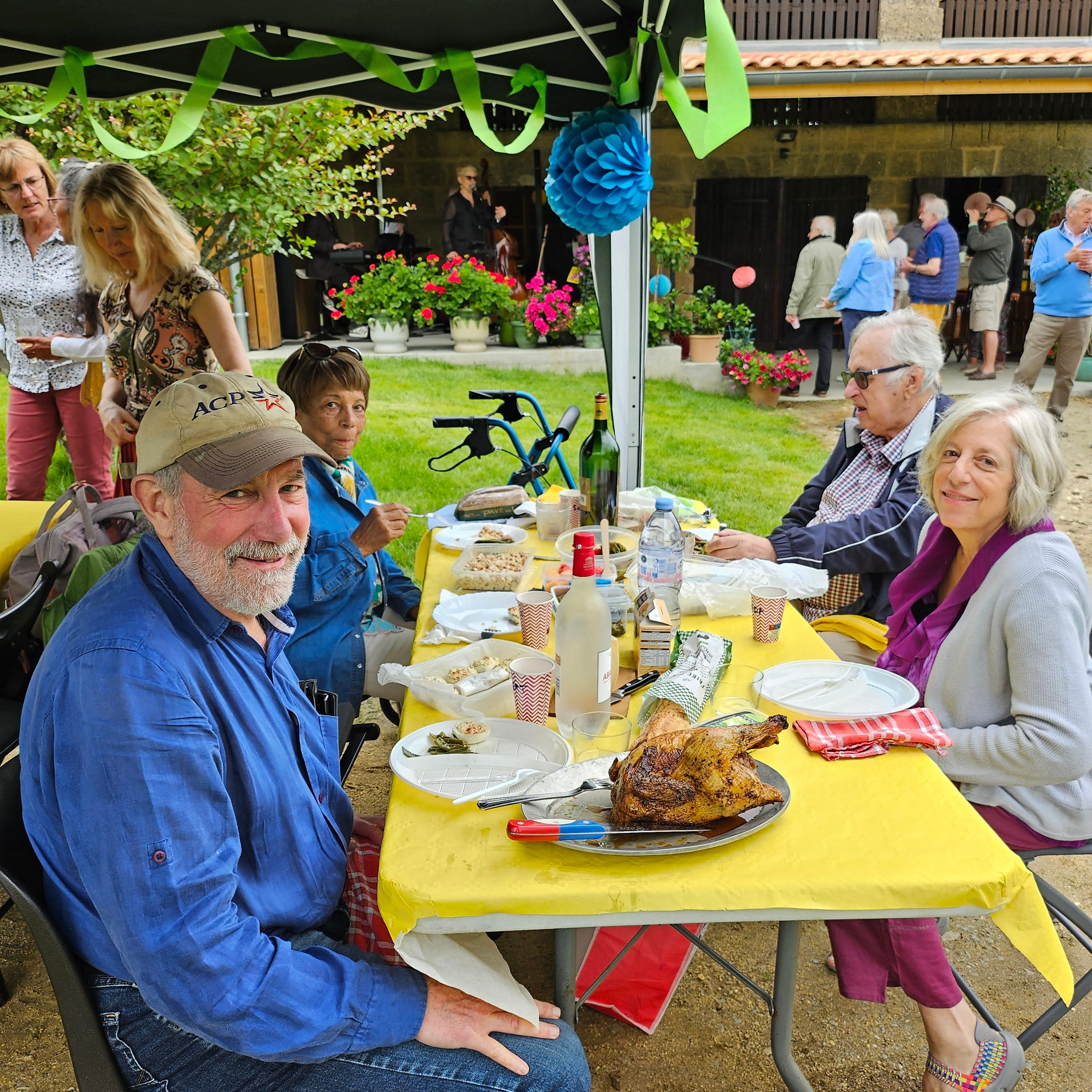 Friends gather for lunch in France.