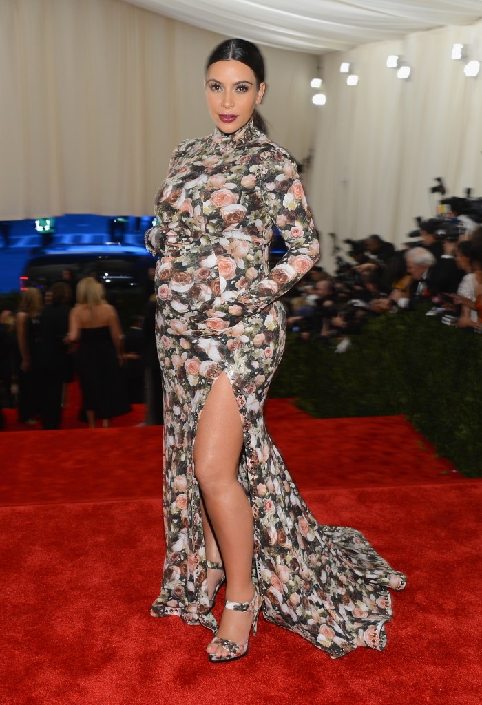 Kim Kardashian in a rose print Givenchy gown from 2013 at the Met Gala. 