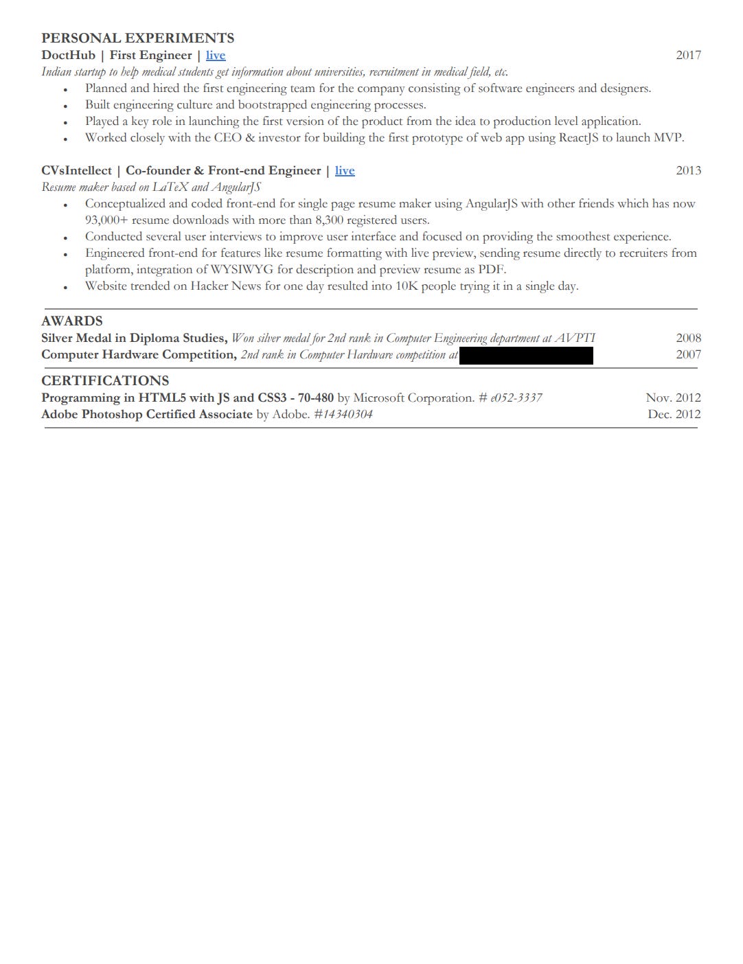 second and final page of Magnificent 7 company software engineer Maulik Suchak's resume