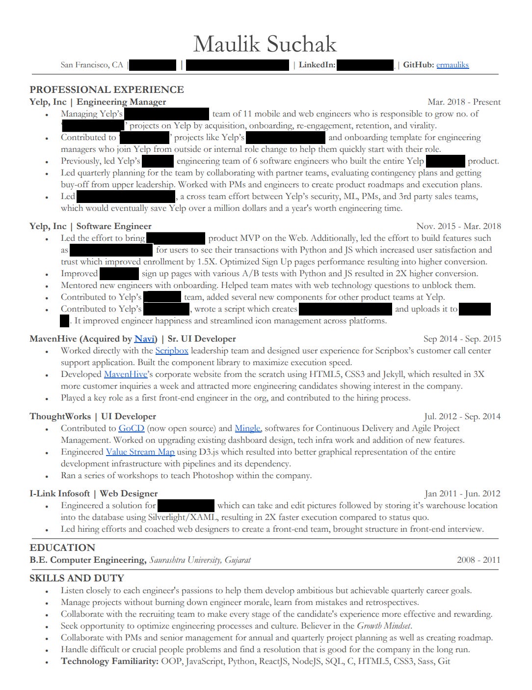 first page of Magnificent 7 company software engineer Maulik Suchak's resume