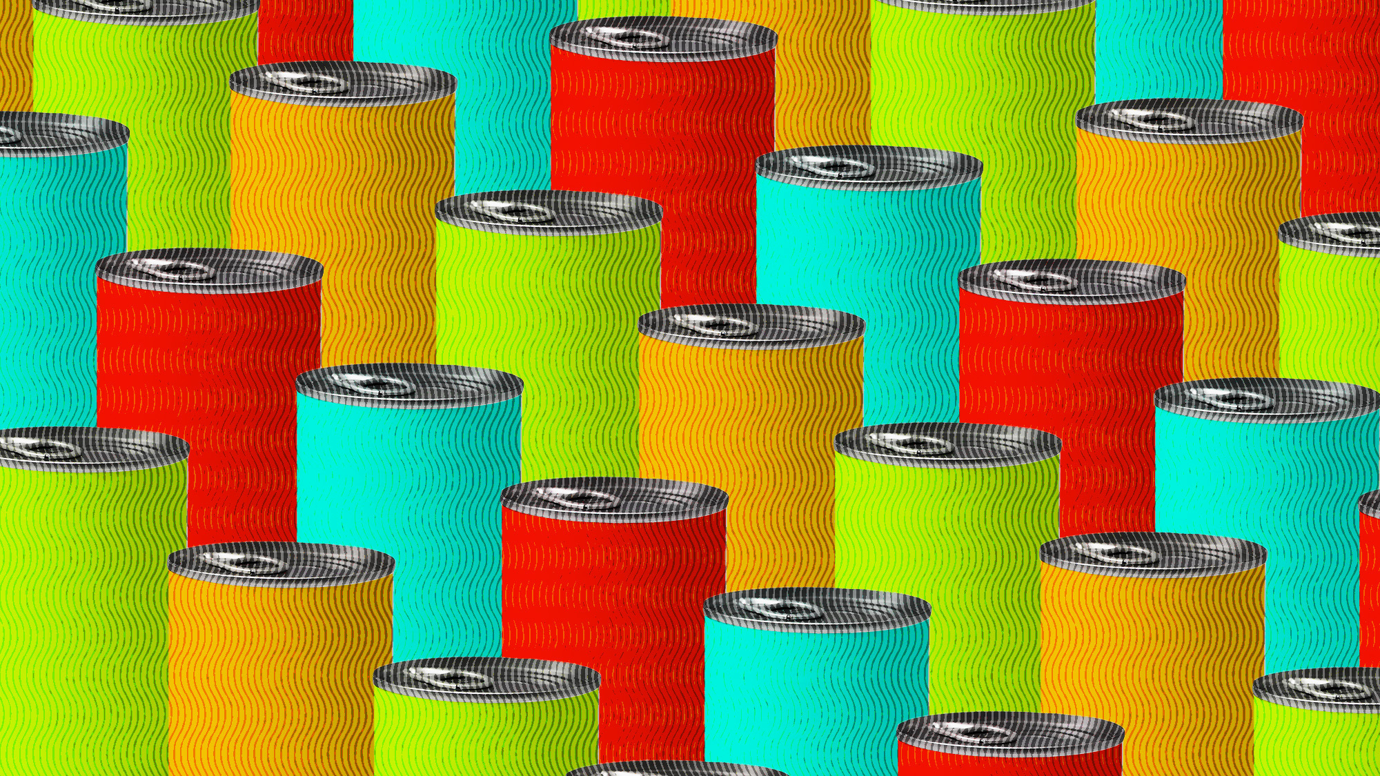 An illustration with a pattern of green, orange, and blue cans without labels