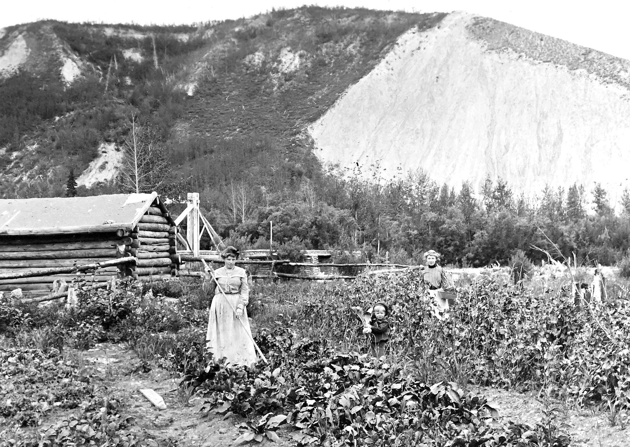 Three young family members tend to a garden outside a log building.