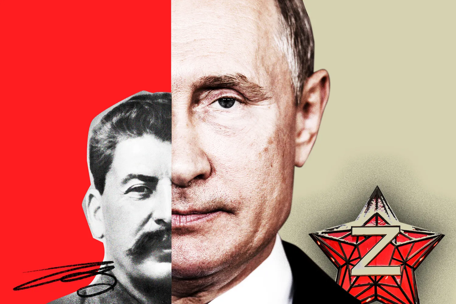 A collage illustration shows half of the face of Joseph Stalin and half of the face of a larger Vladimir Putin alongside a star with a Z on top of it.