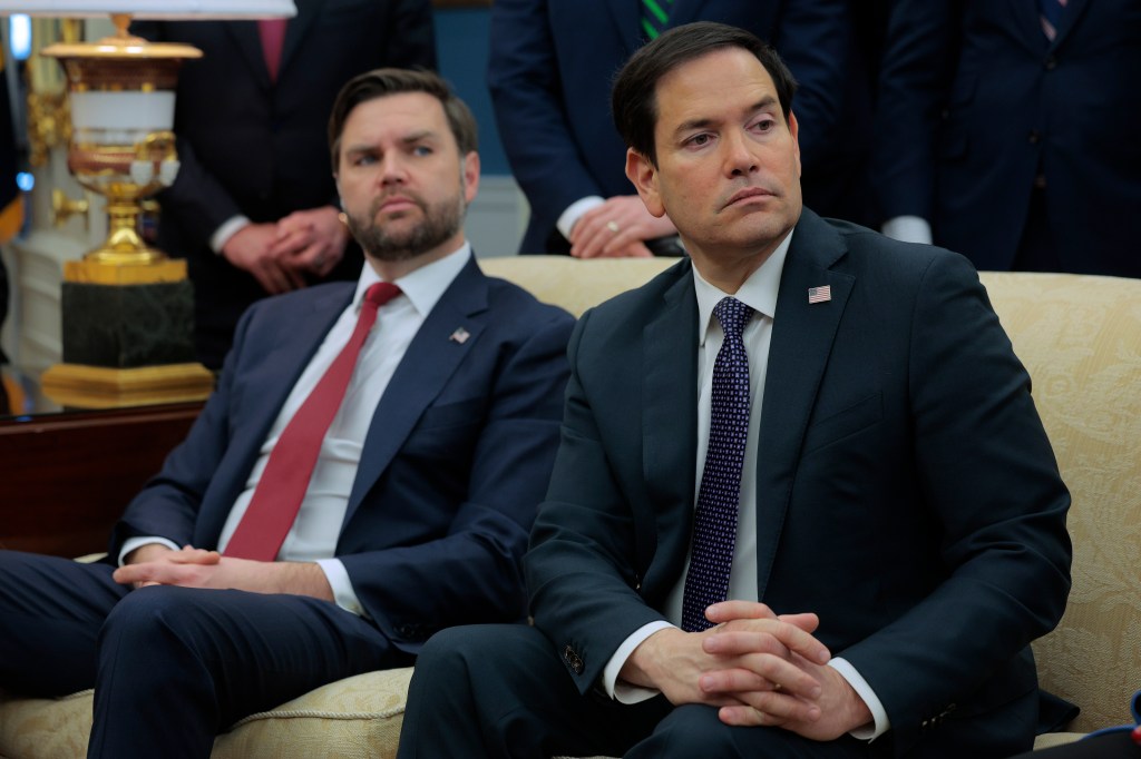 U.S. Vice President JD Vance, Secretary of State Marco Rubio, President Donald Trump, and French President Emmanuel Macron in Oval Office, discussing Russia's military invasion of Ukraine