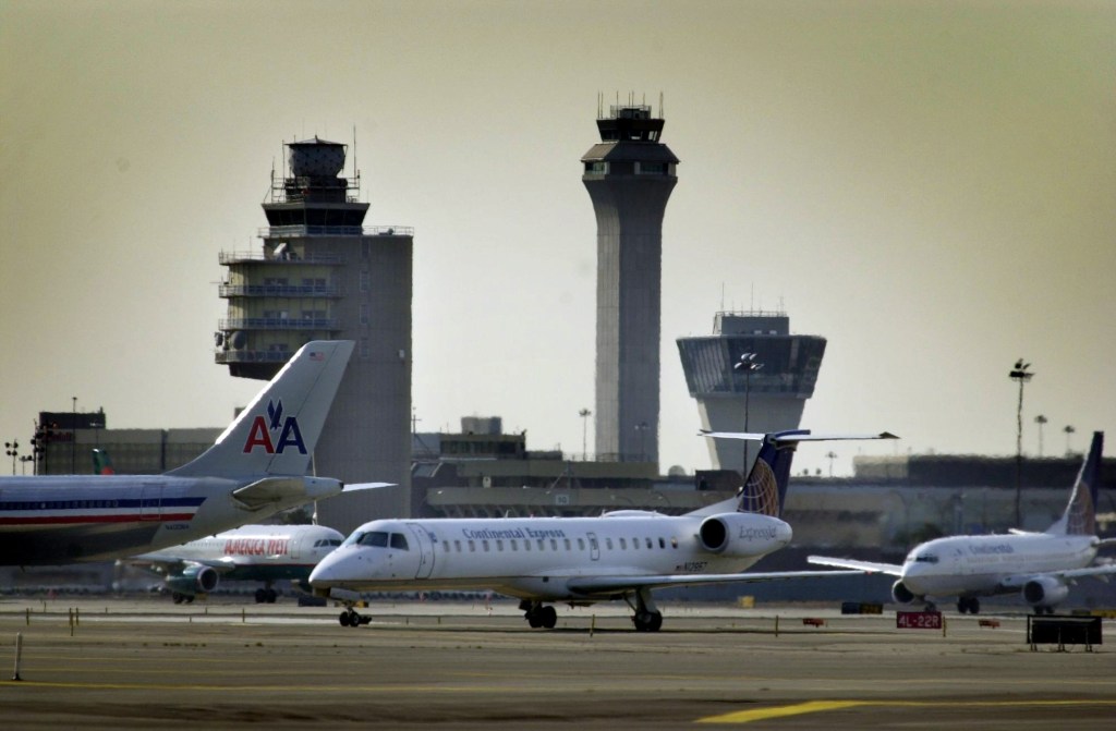 A view of the series of Newark Liberty International Airport  control towers.