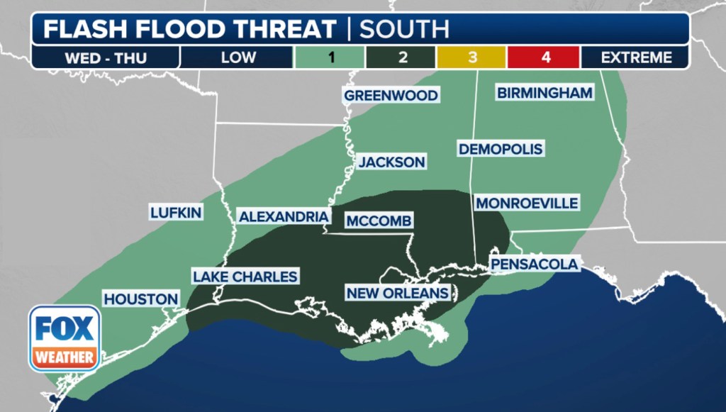 This graphic shows the flood threat on Wednesday, May 7, 2025. 