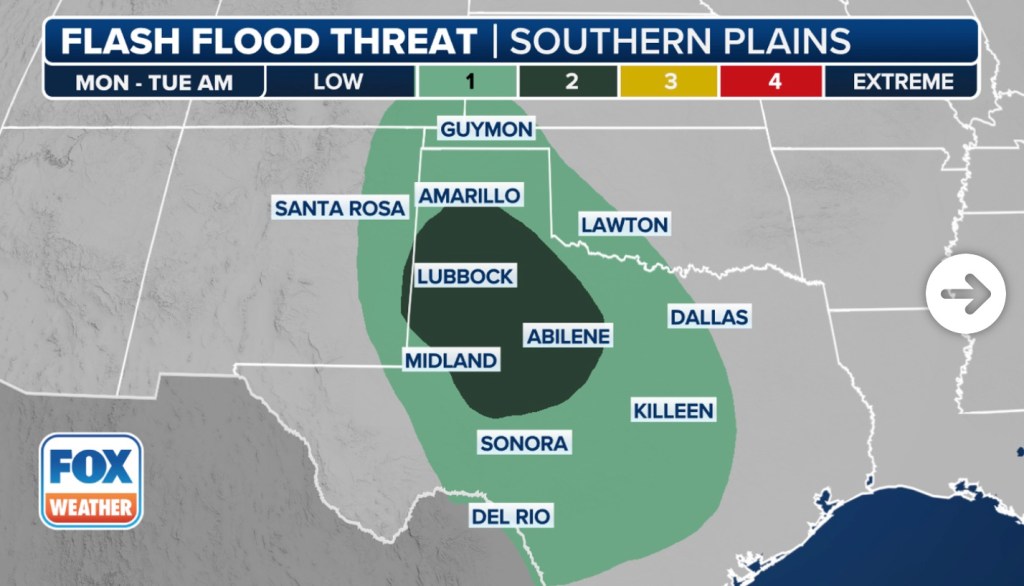 This graphic shows the flash flood threat on Monday, May 5, 2025. 