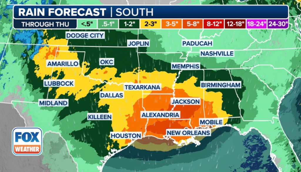 The rainfall forecast in the south this week.