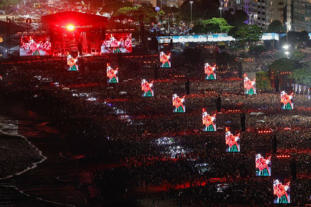 Lady Gaga performing during a free mega concert at Copacabana beach in Rio de Janeiro, Brazil, 03 May 2025.