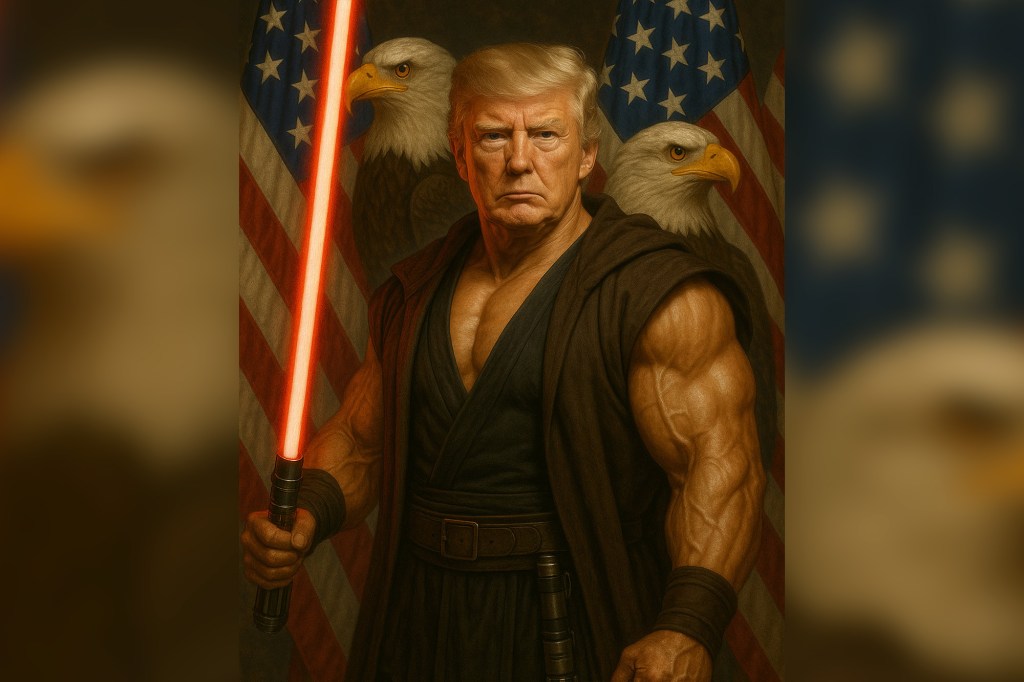AI-generated image of President Trump with muscles holding a lightsaber