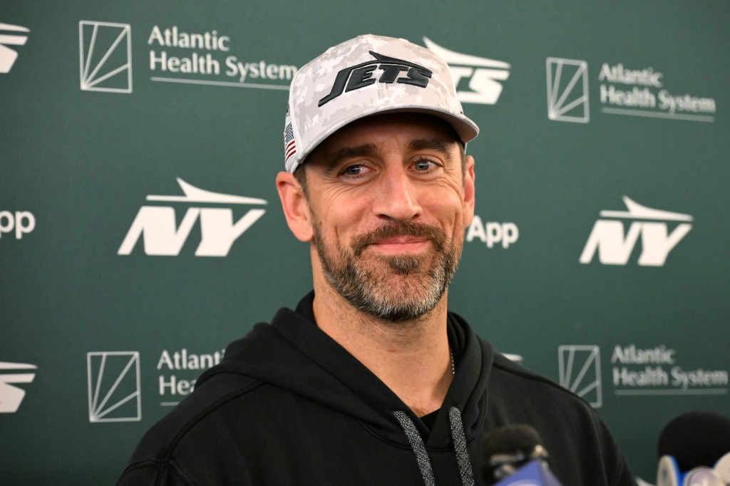 Jets quarterback Aaron Rodgers speaks to the media after practice in Florham Park, NJ. 