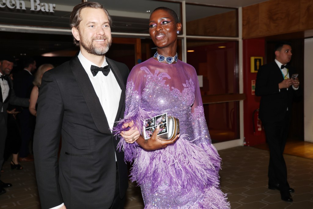 Joshua Jackson and Jodie Turner-Smith backstage during the EE BAFTA Film Awards 2023 at The Royal Festival Hall on February 19, 2023 in London, England. 