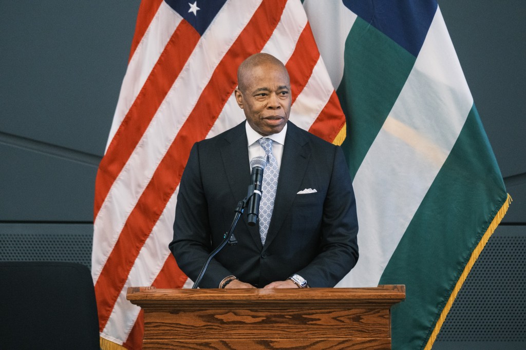 NYC Mayor Eric Adams speaking at the NYPD academy recruit swearing-in ceremony in Flushing, Queens