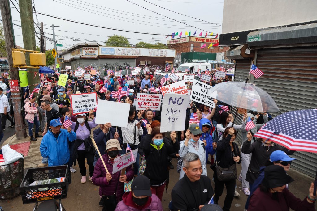 Throngs of protestors filled the streets of Sheepshead Bay on Sunday to protest plans for a local homeless shelter