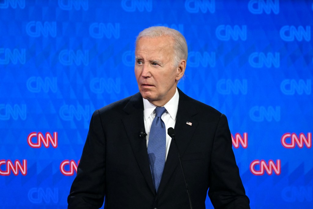 US President Joe Biden participating in the first presidential debate of the 2024 elections with Donald Trump at CNN's studios in Atlanta, Georgia.