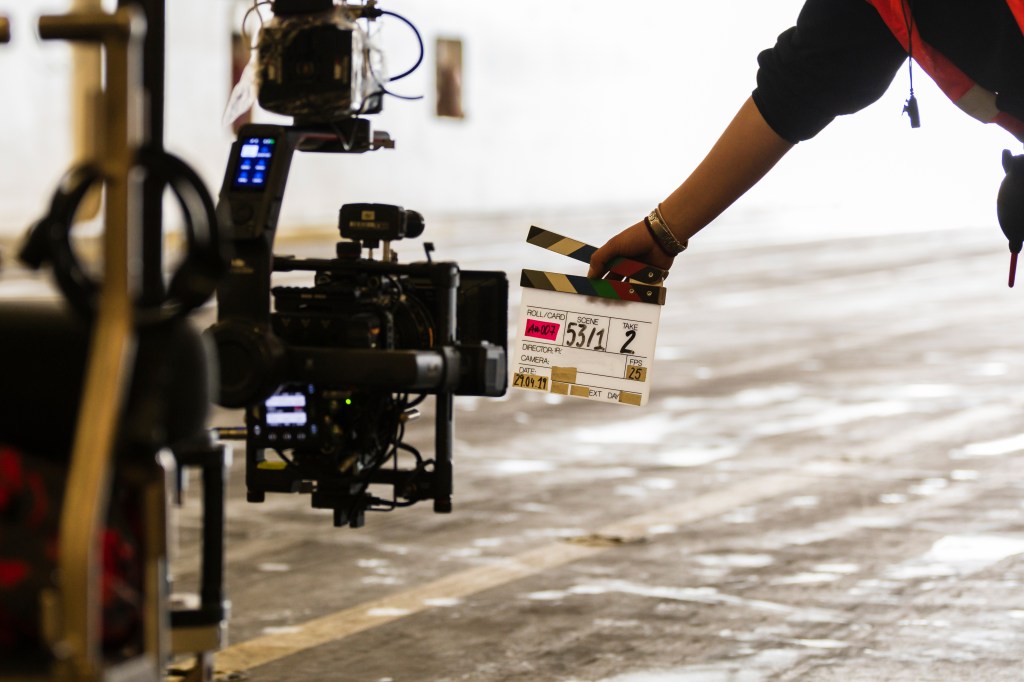 Film clapperboard at the beginning of a recording session.