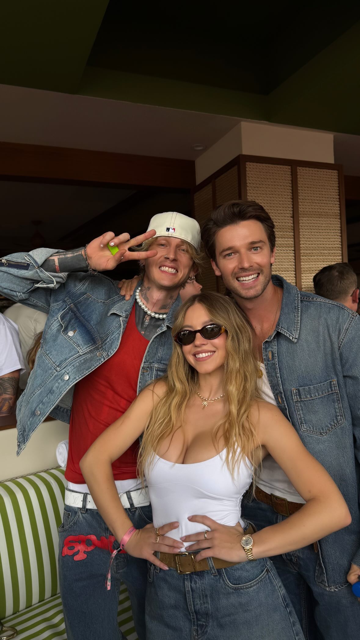 Sydney Sweeney, Machine Gun Kelly, and Patrick Schwarzenegger attend the opening of Palm Tree Beach Club.