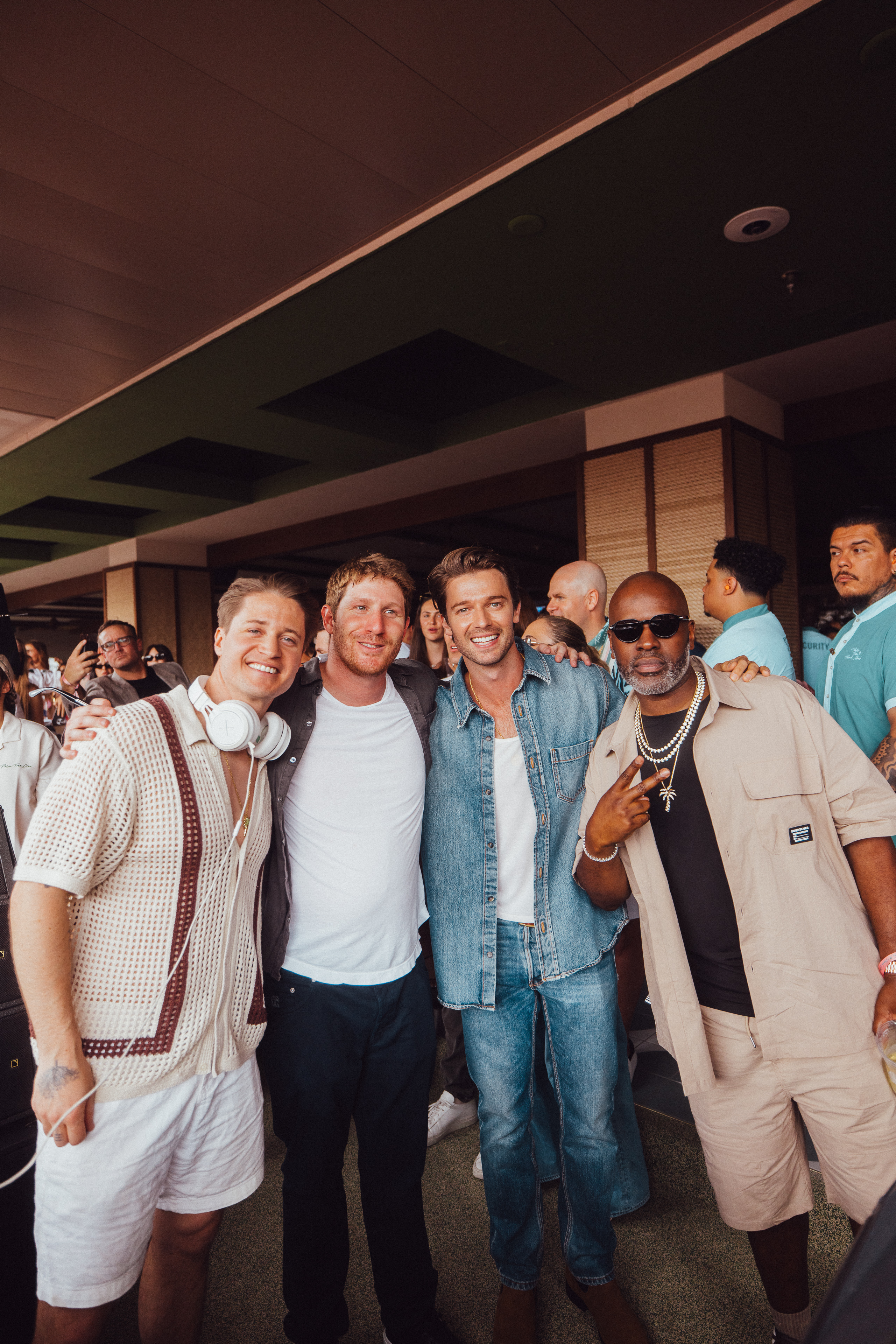 Kygo, Myles Shear, Patrick Schwarzenegger, and Corey Gamble attend the opening of Palm Tree Beach Club at MGM Grand on May 03, 2025 in Las Vegas, Nevada. 