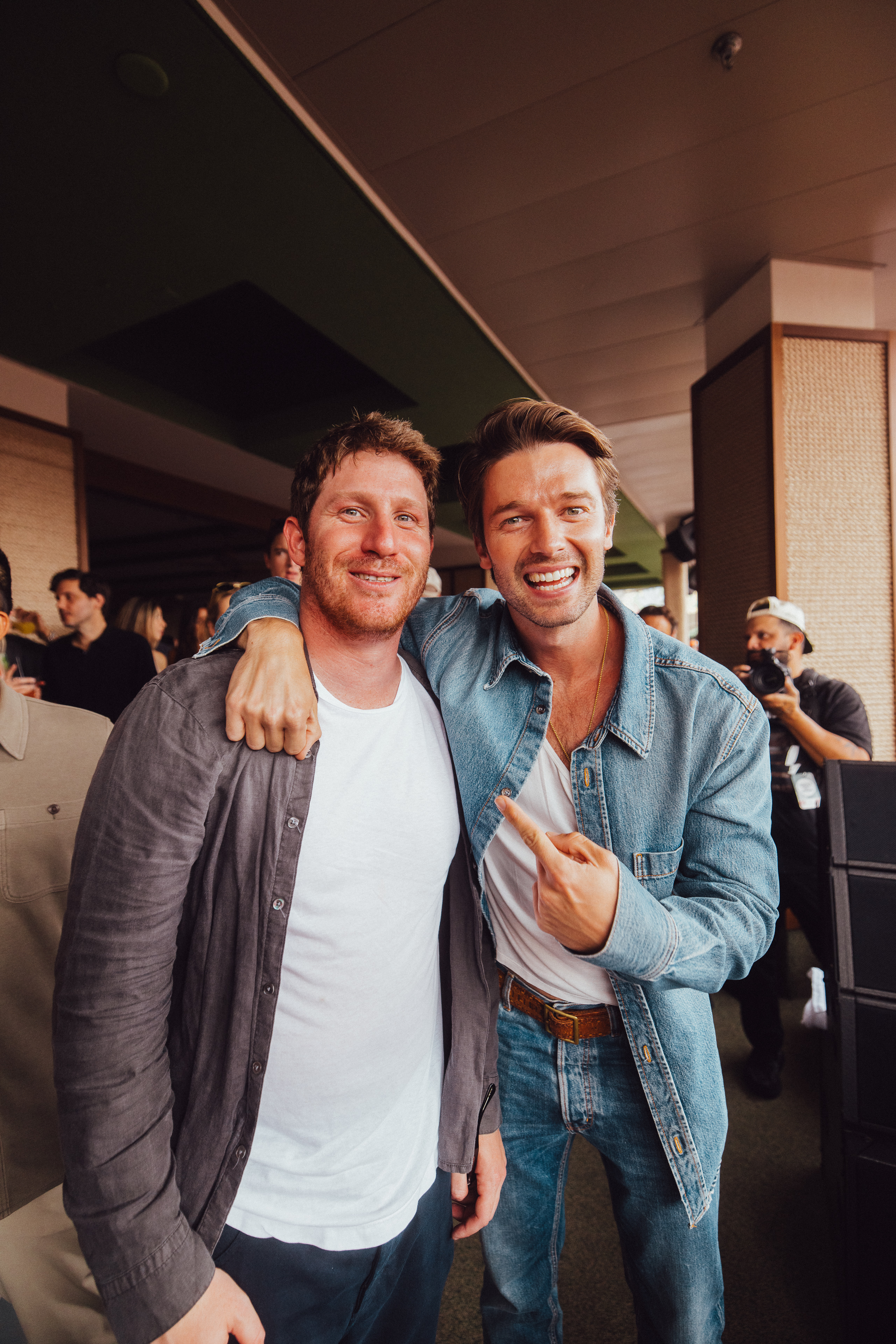 Patrick Schwarzenegger and Myles Shear attend the opening of Palm Tree Beach Club at MGM Grand on May 03, 2025 in Las Vegas, Nevada. 