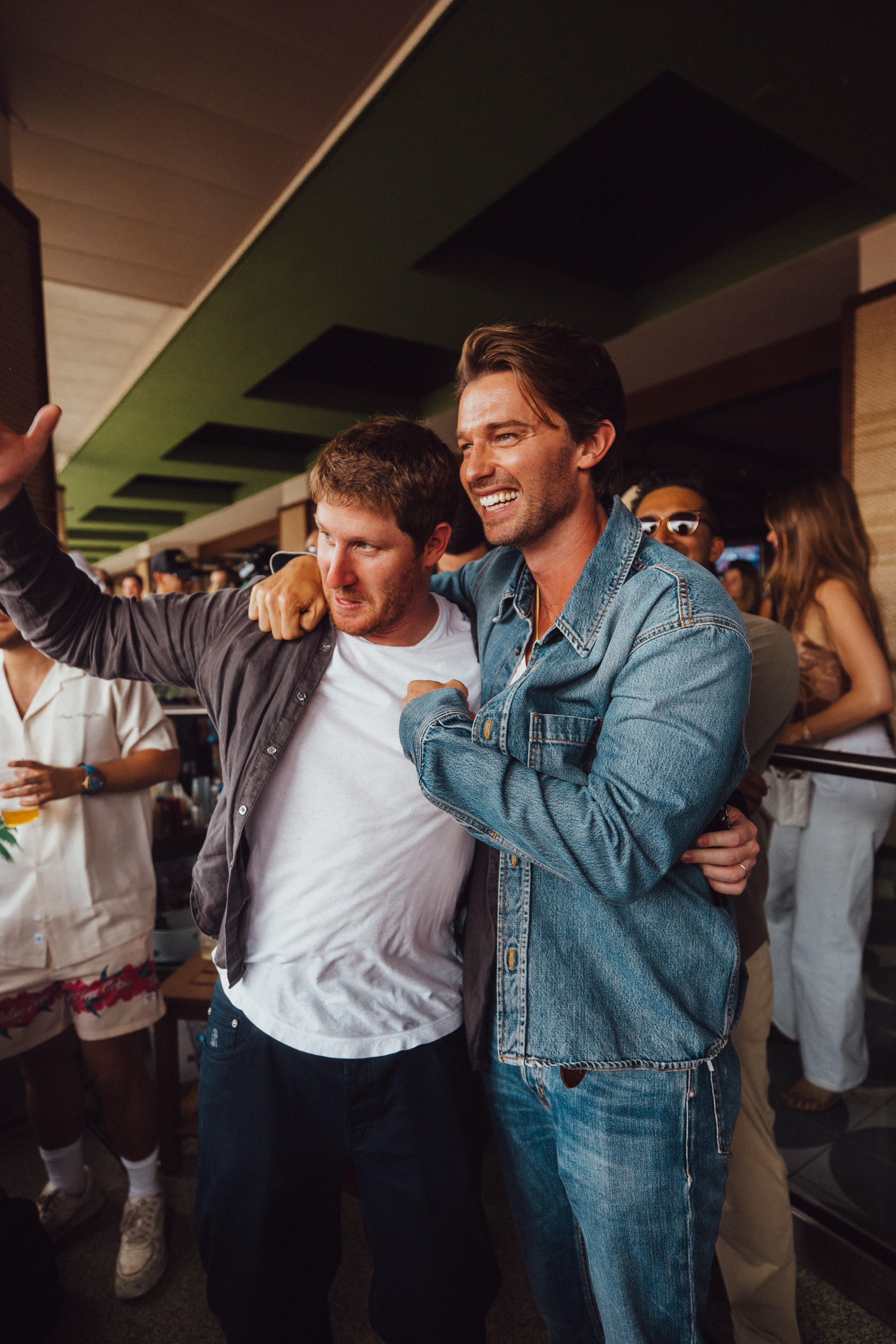 Patrick Schwarzenegger and Myles Shear attend the opening of Palm Tree Beach Club at MGM Grand on May 03, 2025 in Las Vegas, Nevada. 