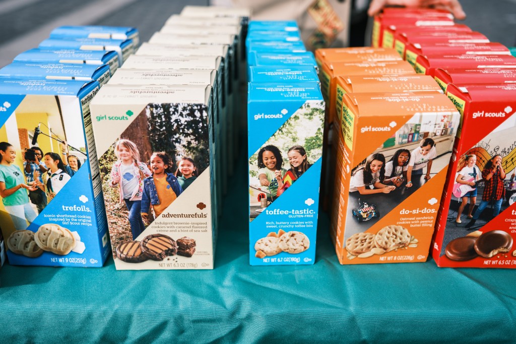 A row of girl scout cookies lined up on the table.