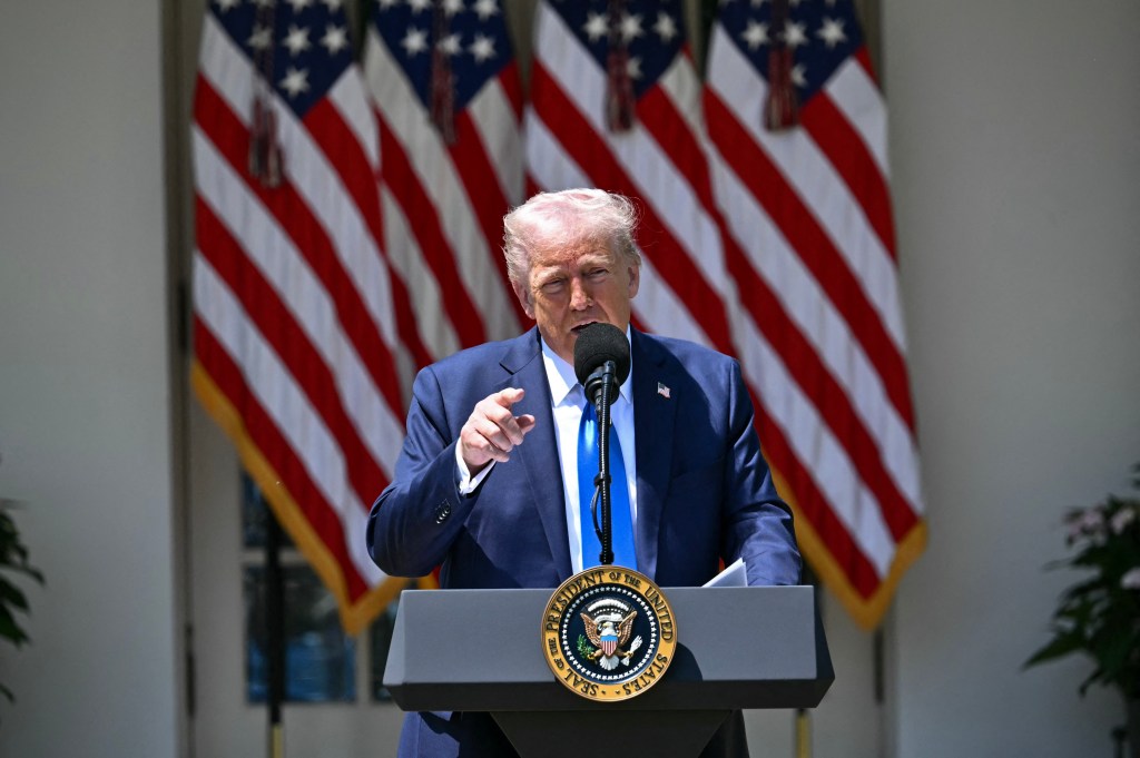 US President Donald Trump speaking at a National Day of Prayer event in the Rose Garden of the White House on May 1, 2025