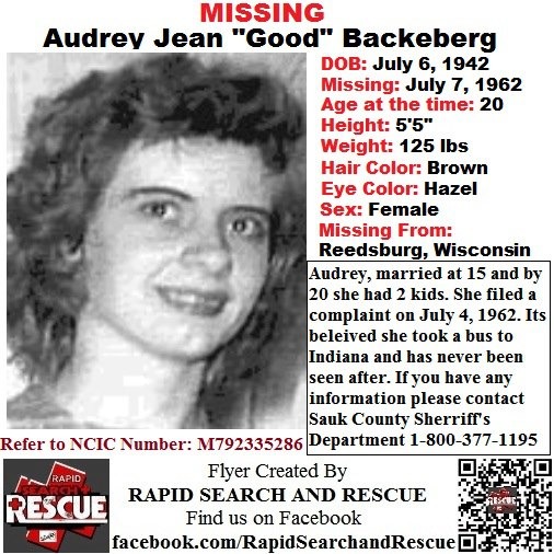 Audrey Backeberg was 20 years old, living with her husband, Ronald Backeberg, and their two children in Reedsburg, a city about 55 miles northwest of Madison, when she vanished from her home on July 7, 1962.