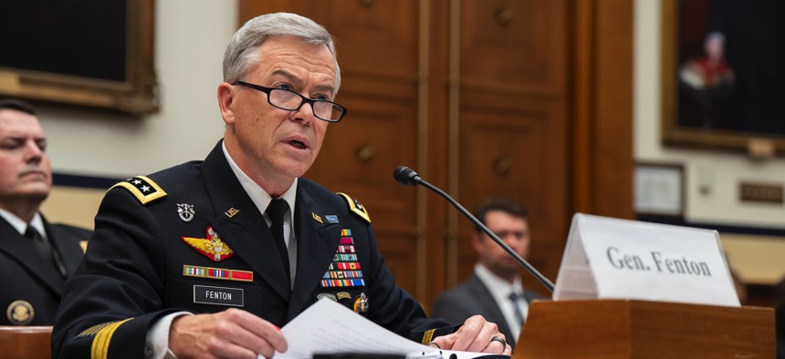 USSOCOM commander U.S. Army Gen. Bryan P. Fenton testifies at a House Armed Services Subcommittee hearing on U.S. Special Operations Forces on April 9, 2025.