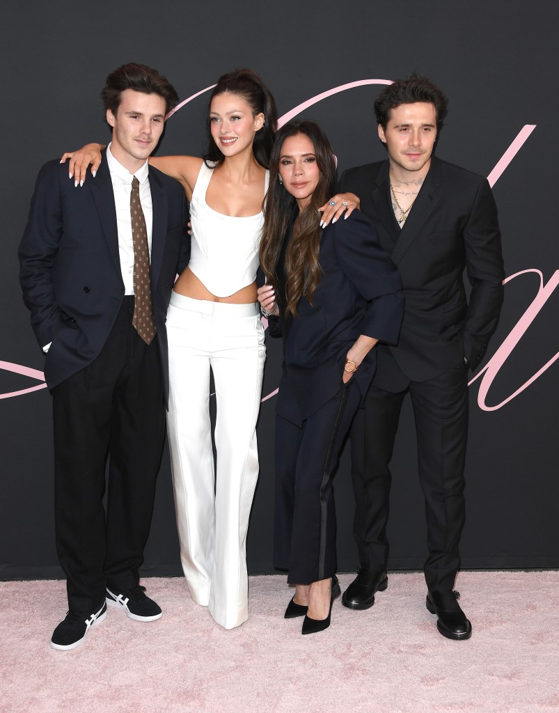 Brooklyn Beckham, Nicola Peltz, Romeo Beckham and Victoria Beckham in February 2024