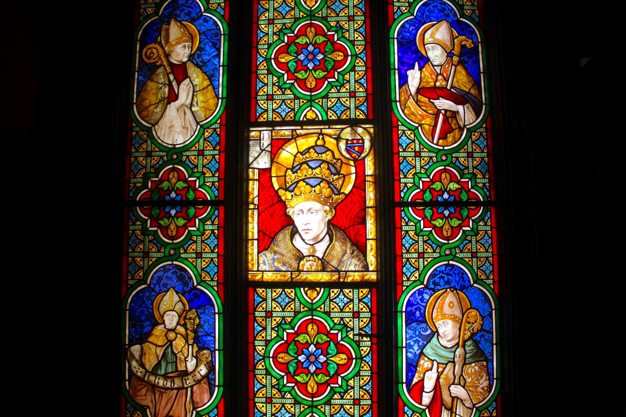 Stained-glass windows in the Gothic Room at Marble House.