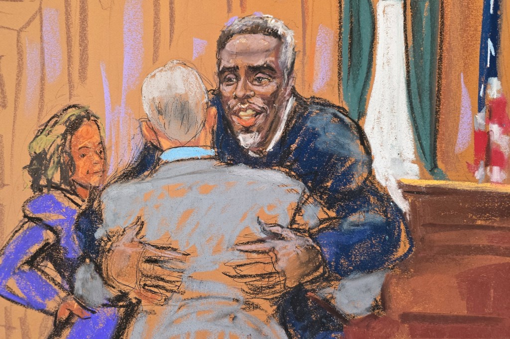 Sean 'Diddy' Combs hugging his attorneys in a courtroom sketch during jury questioning at his sex trafficking trial in New York City, dated May 5, 2025.