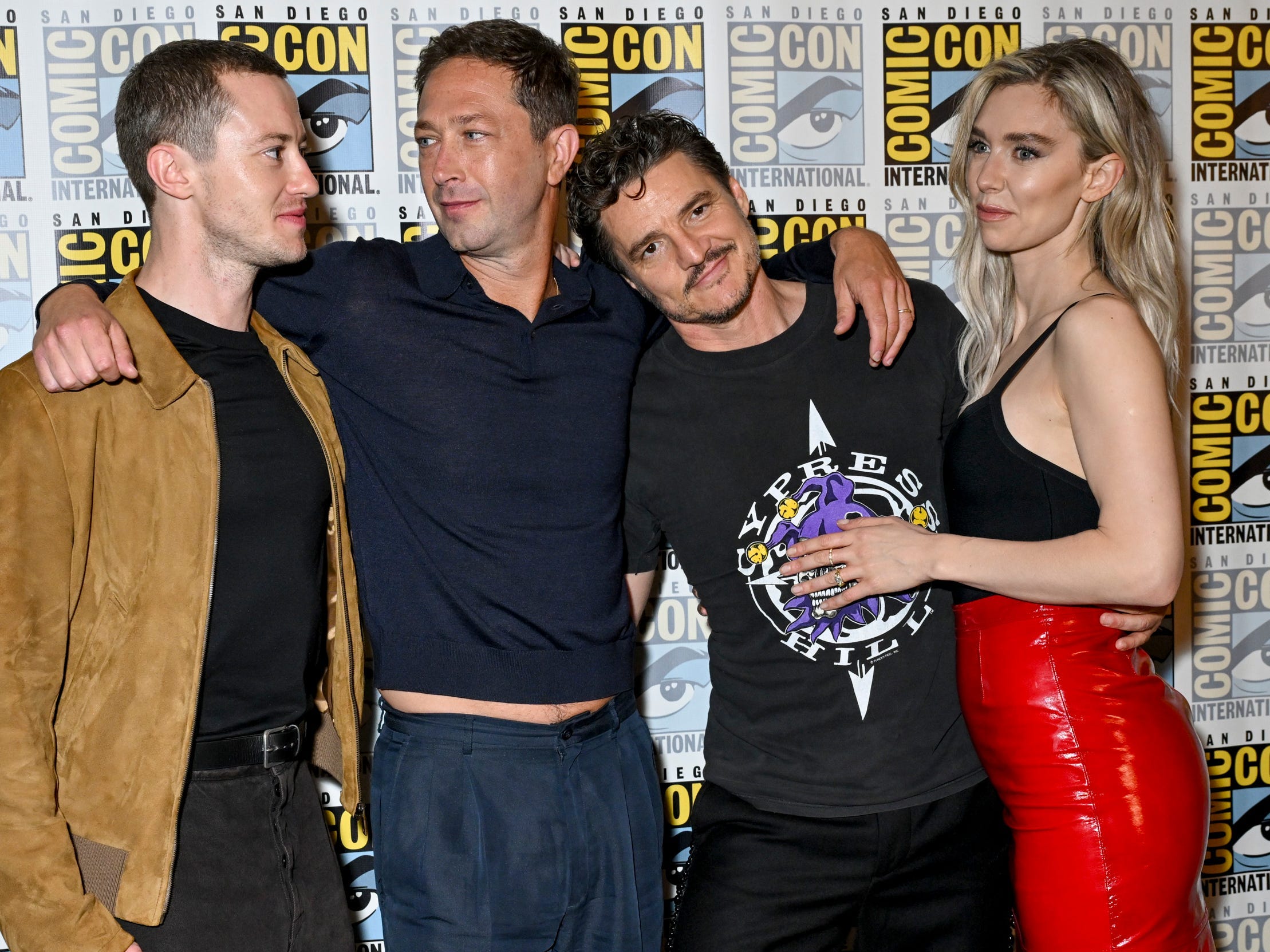 Joseph Quinn, Ebon Moss-Bachrach, Pedro Pascal, and Vanessa Kirby stand next to each other at San Diego Comic Con in July 2024.