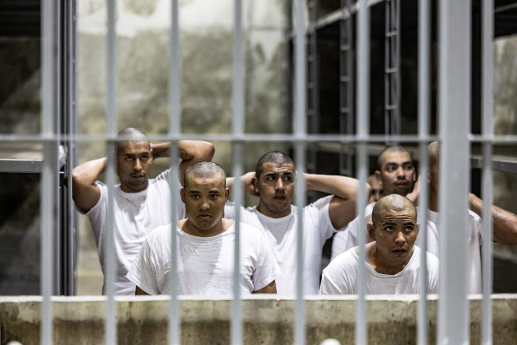 Alleged members of the Venezuelan gang Tren de Aragua and the MS-13 gang, deported by the U.S. government, in a jail at the Terrorism Confinement Center in Tecoluca, El Salvador.