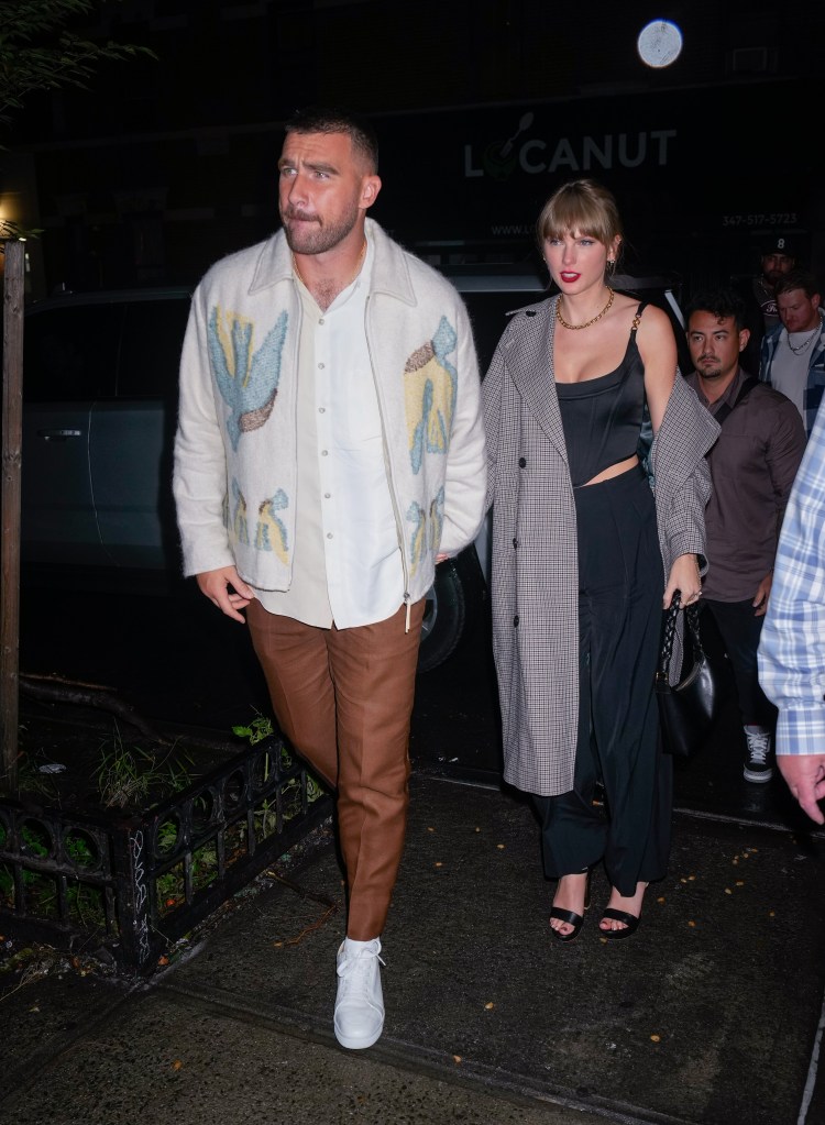 Travis Kelce and Taylor Swift arrive at the SNL afterparty on October 15, 2023 in New York City