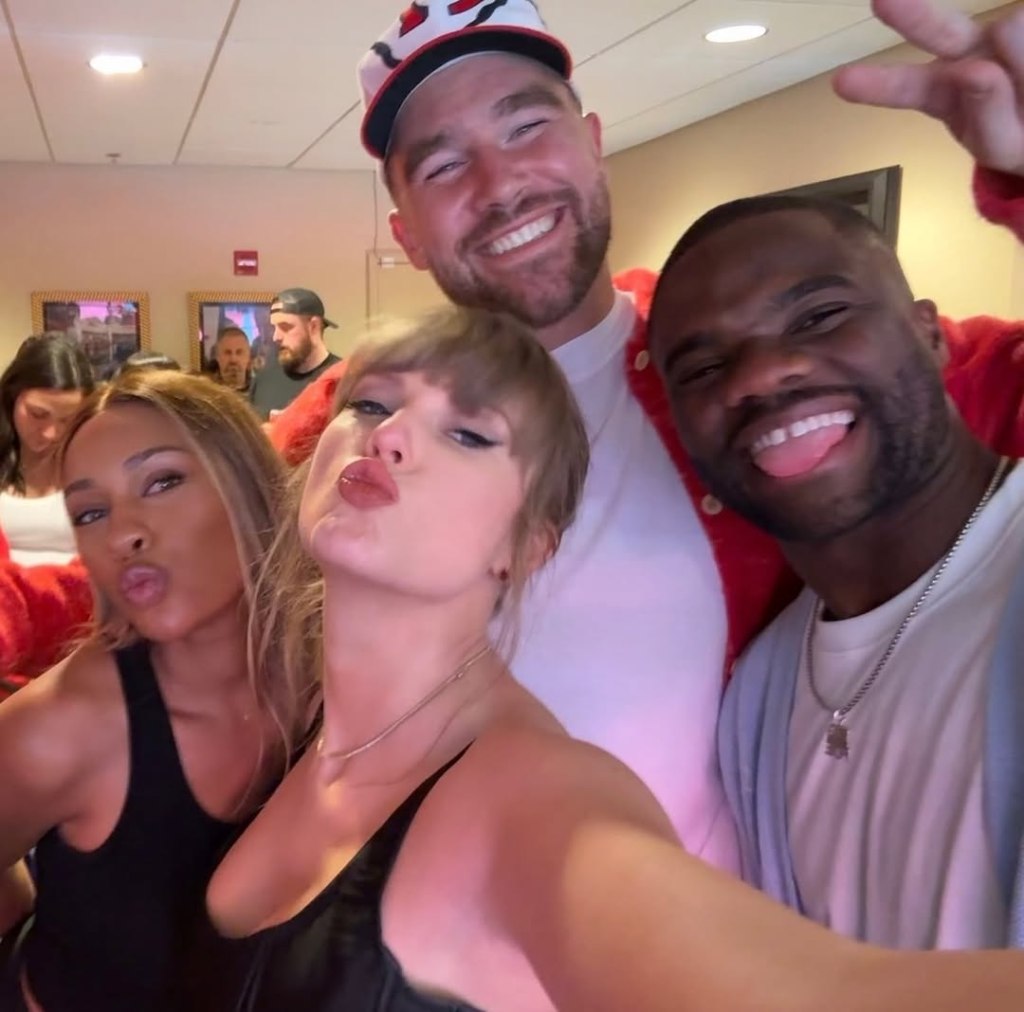 Taylor Swift and Travis Kelce with Frances Tiafoe and Ayan Broomfield at Chiefs game
