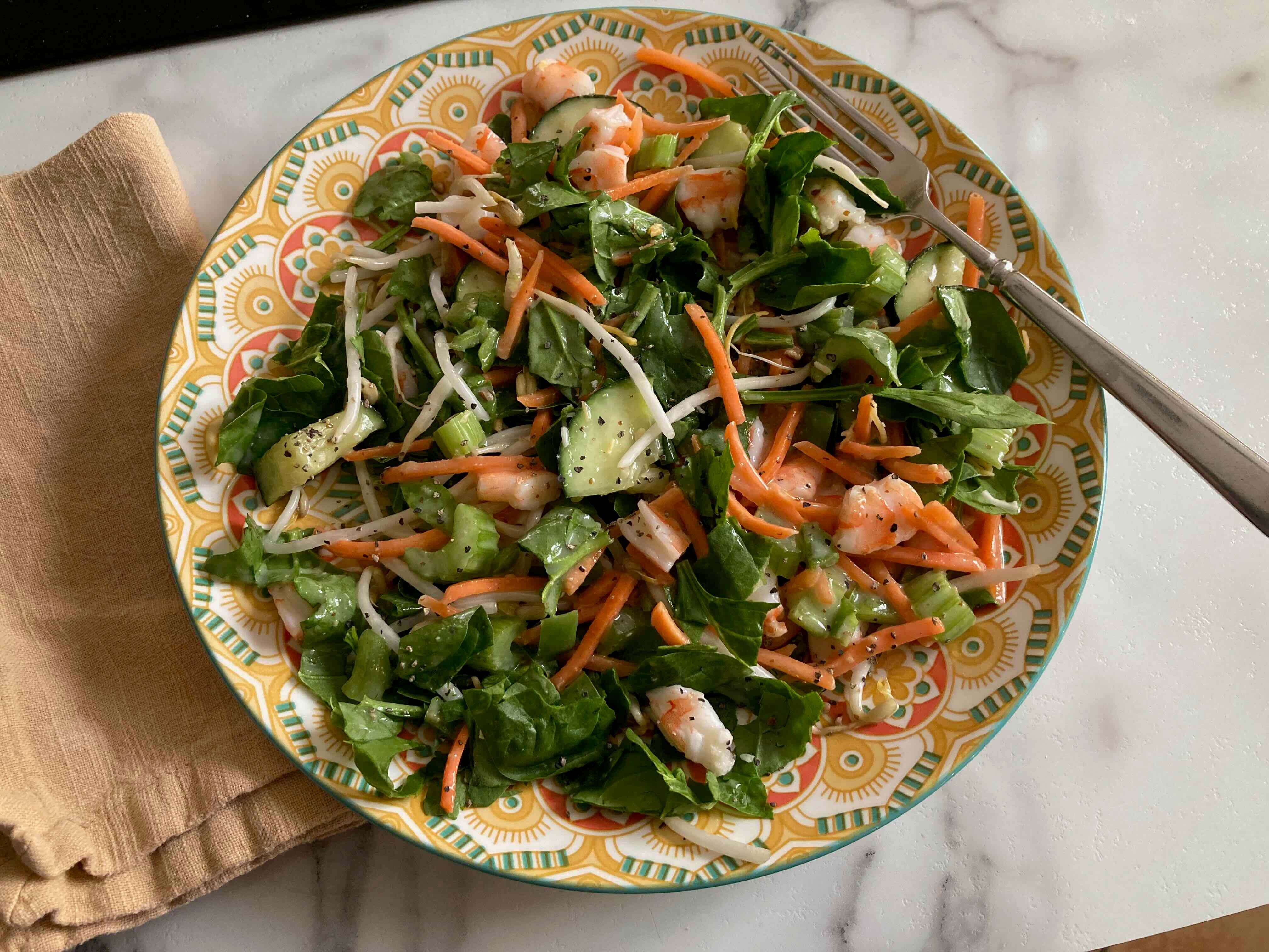 shrimp salad in a colorful bowl
